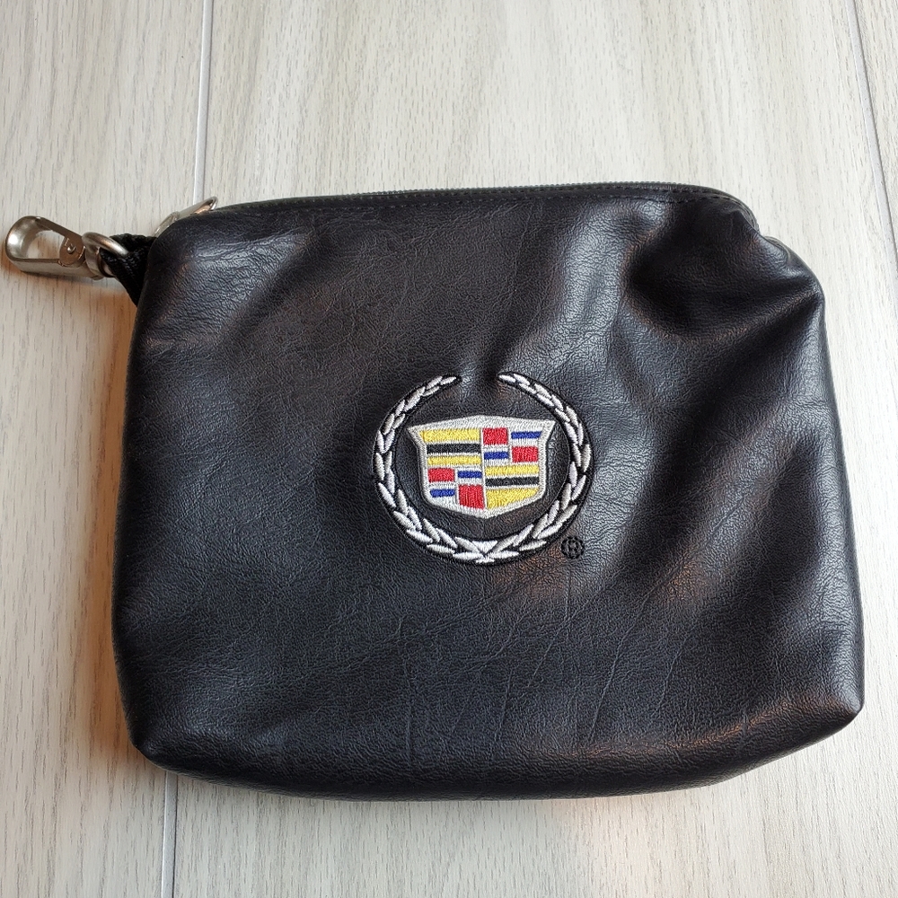 Vtg Cadillac Leather Pouch  Embroidered Logo Bag